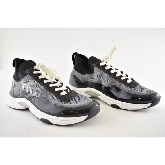 Chanel 22C Men Black White Grey Knit Clear CC Logo Low Top Trainer Sneaker 44 11 - Picture 5 of 13